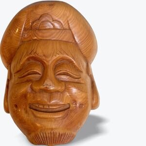 Vintage Japanese Daikoku Mask God of Wealth Lucky‎ Fortune Hand Carved Wood 7 in